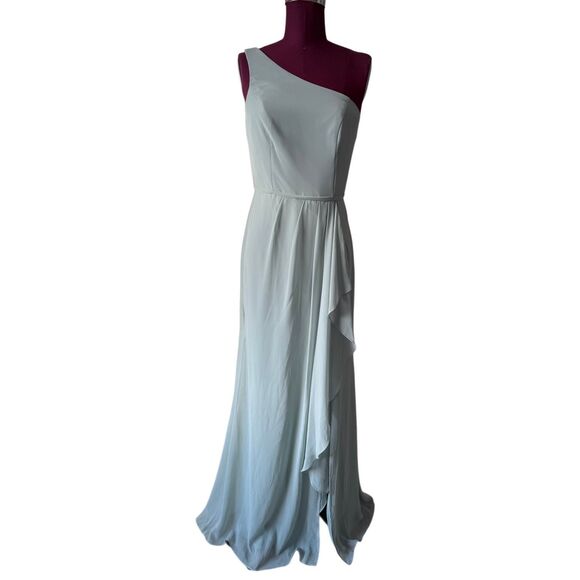 NEW David’s Bridal Chiffon One Shoulder Maxi Dress with Cascade Size 4 Green Dus - Picture 2 of 10
